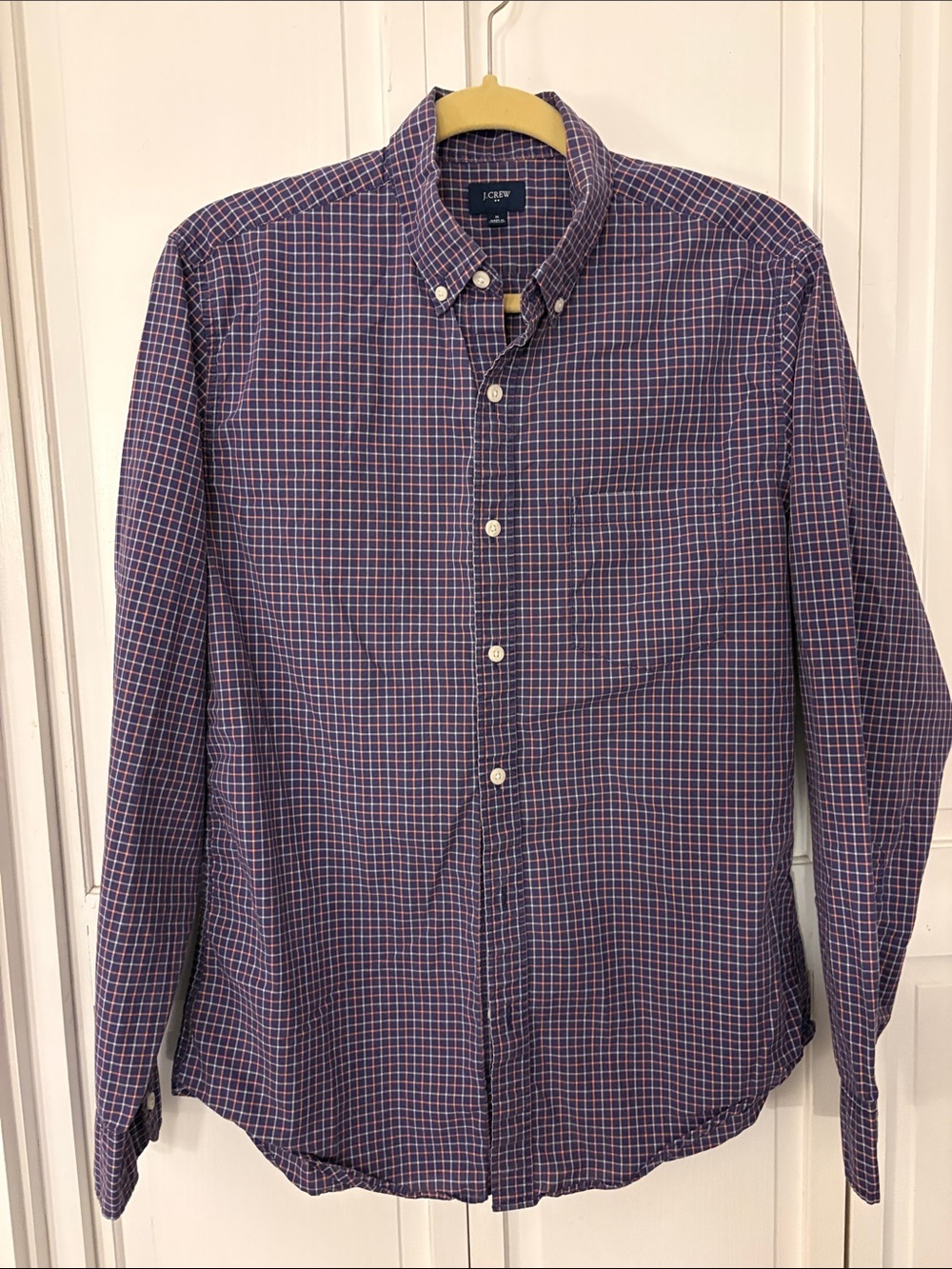 J. Crew Navy and Purple Check Button-Down Shirt.